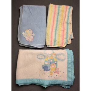 3- Vintage Baby Blankets Waffle‎ Weave Acrylic Polyester Satin Pastel Animals